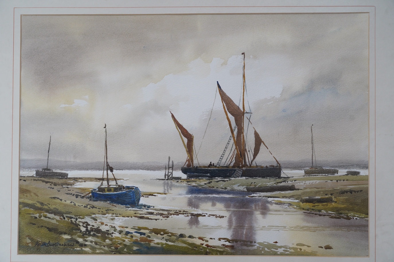 Keith Burtonshaw (1930-2008), watercolour, Estuary with fishing boats, 'Lowtide reflections', signed, 36 x 52cm. Condition - fair to good